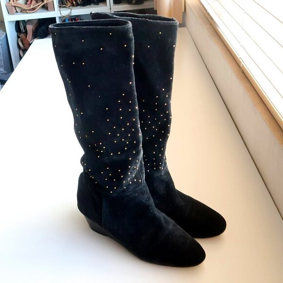 Anthropologie Matiko Black Suede Leather Gold Stud Wedge Heel Tall Boots Size 7 - Picture 12 of 13
